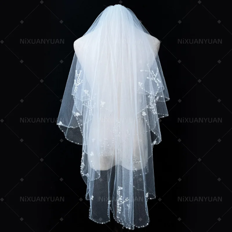 

Wholesale Beaded Edge Pearls Wedding Veils with Comb Short Bridal Veil Wedding Accessories Voile Mariage Pierce The Veil