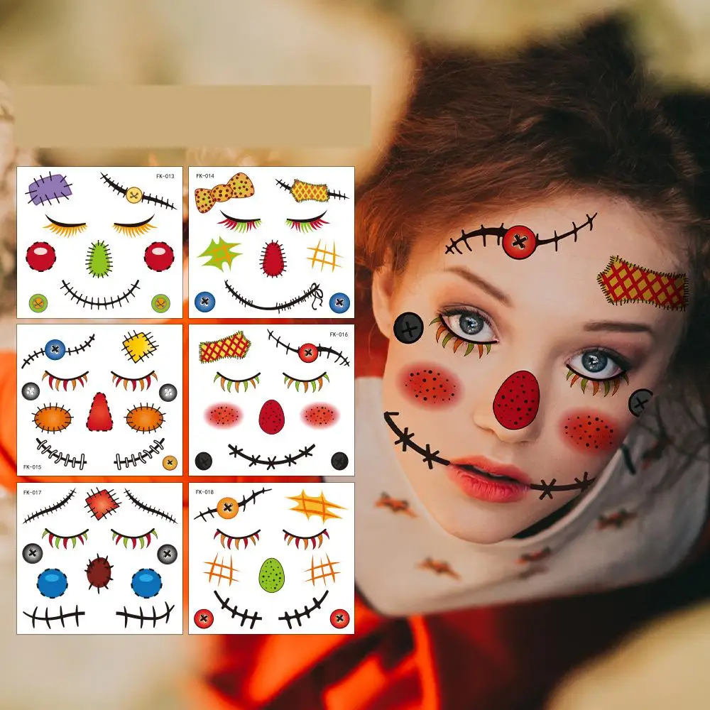1/6 stücke 2026 Halloween Herbst Vogelscheuche Gesicht Aufkleber Gruselige Narbe Make-Up Wasserdicht Temporäre Tattoos Lustige Cosplay Dekor Für Party – Detail 1