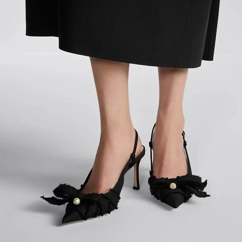 Bowknot Pearl Slingback Pointed Toe Stiletto Sandals Woman Summer Sexy Black Hollow High Heels Women's Shoes Luxury