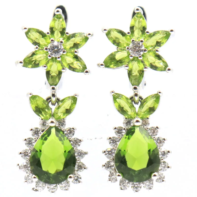 

28x12mm SheCrown Green Peridot Pink Kunzite White CZ Jewelry For Woman's Silver Earrings