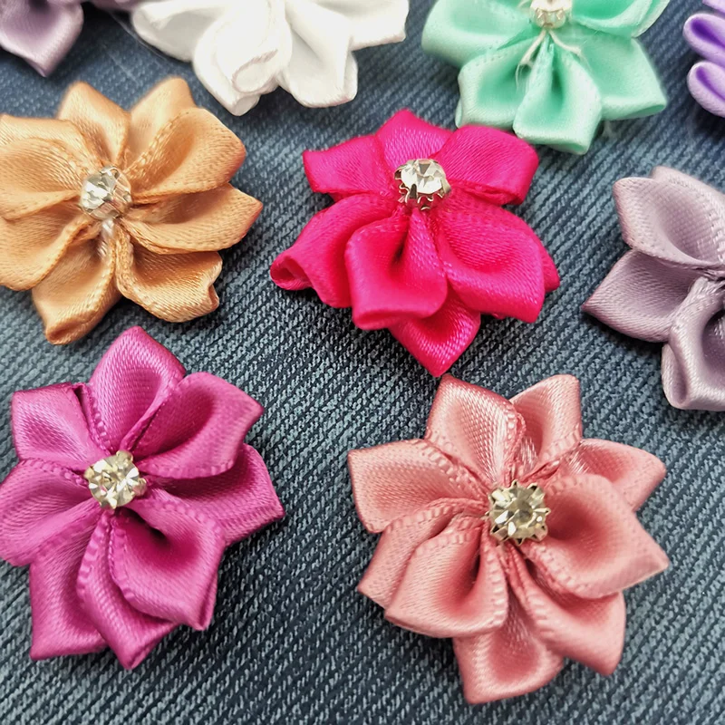 (50pcs/pack) 25mm Inlaid Rhinestones Small Handmade DIY Satin Ribbon Flowers Head Decorate Clothes To Make Wedding Invitations