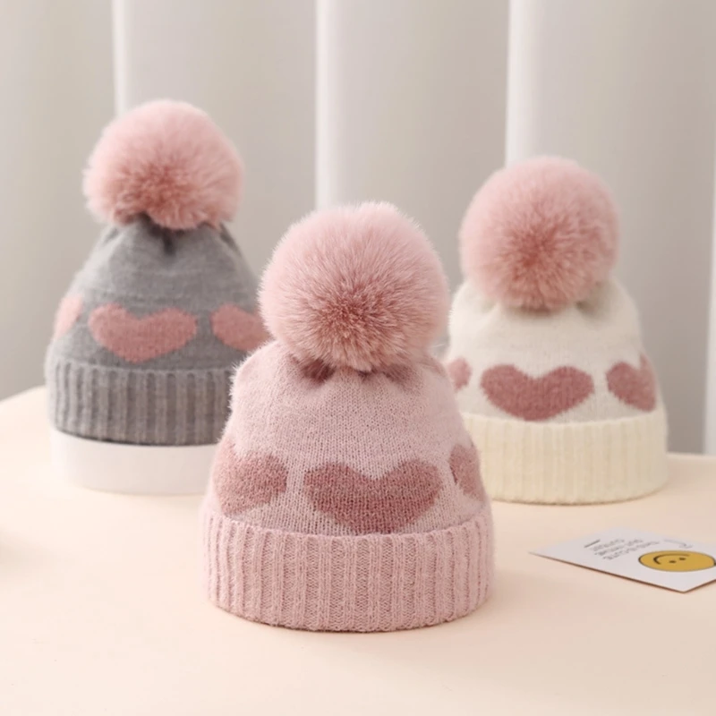

Soft Baby Bonnet Cap Newborn Baby Infant Crochet Knitted Hairball Hat Winter Warm Hat for Baby Embroidered Heart Hat 45BF