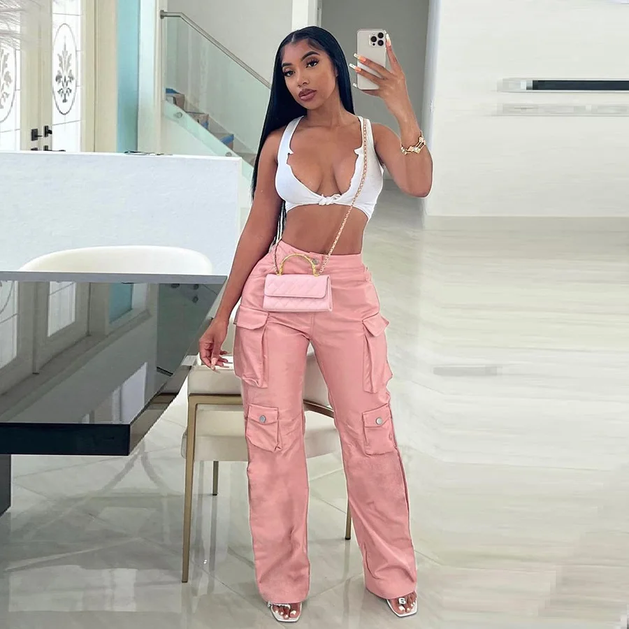 

Women's PU Faux Leather High Waist Straight Leg Pants, Sexy Workwear, Casual, Street Fashion, New, Summer, 2022