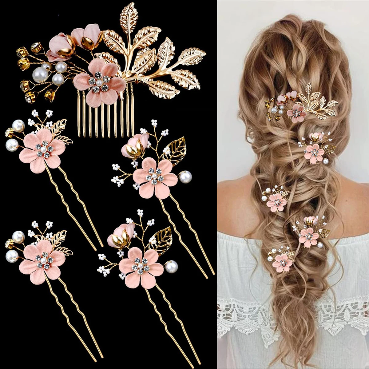 CHOKO Set of 6 - Flowery Cotton and Pearl Hairclip Set - 3 Pairs