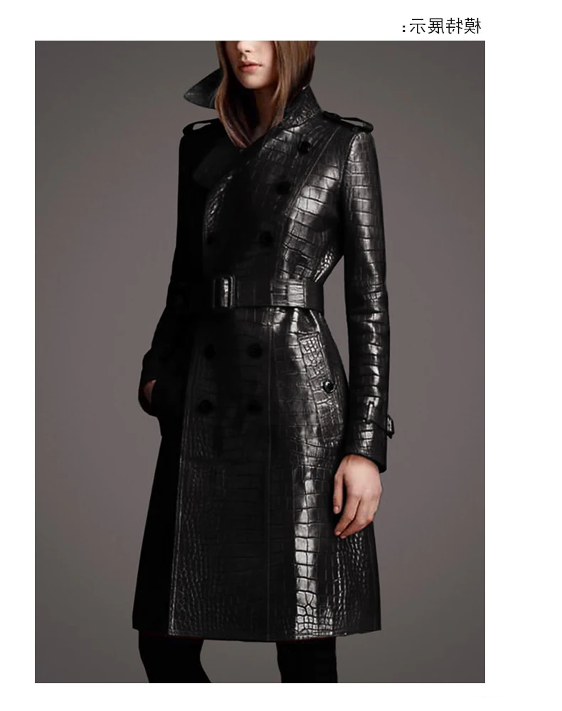 

Autumn Long Black Crocodile Pattern Pu Leather Trench Coat for Women Belt Double Breasted Stylish British Style Fashio