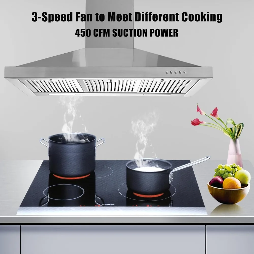 36 inch Range Hood, Wall Mounted Vent Hood in Stainless Steel, Ducted/Ductless Kitchen Hood w/Push Button Control