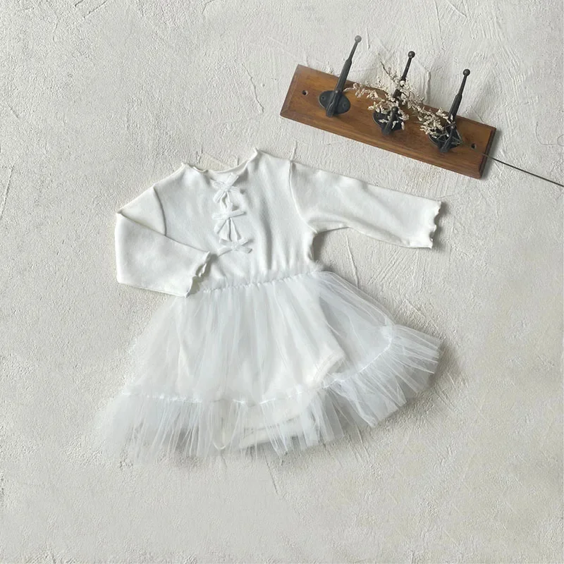 thumbnail image 1 of 2025 Spring Baby Girls Clothing 0-24M Cute Solid Color Bow Bodysuit Infant Splicing Mesh Skirt Toddler One Piece Dress, 1 of 6