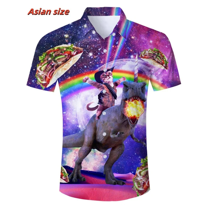 Hamburger pizza Graphic Beach Shirt for Men Colorful Cat Planet 3D Printed Hawaiian Shirts Summer Loose Short Sleeve Blouses casual short sleeved shirt short sleeved shirt hawaiian shirt