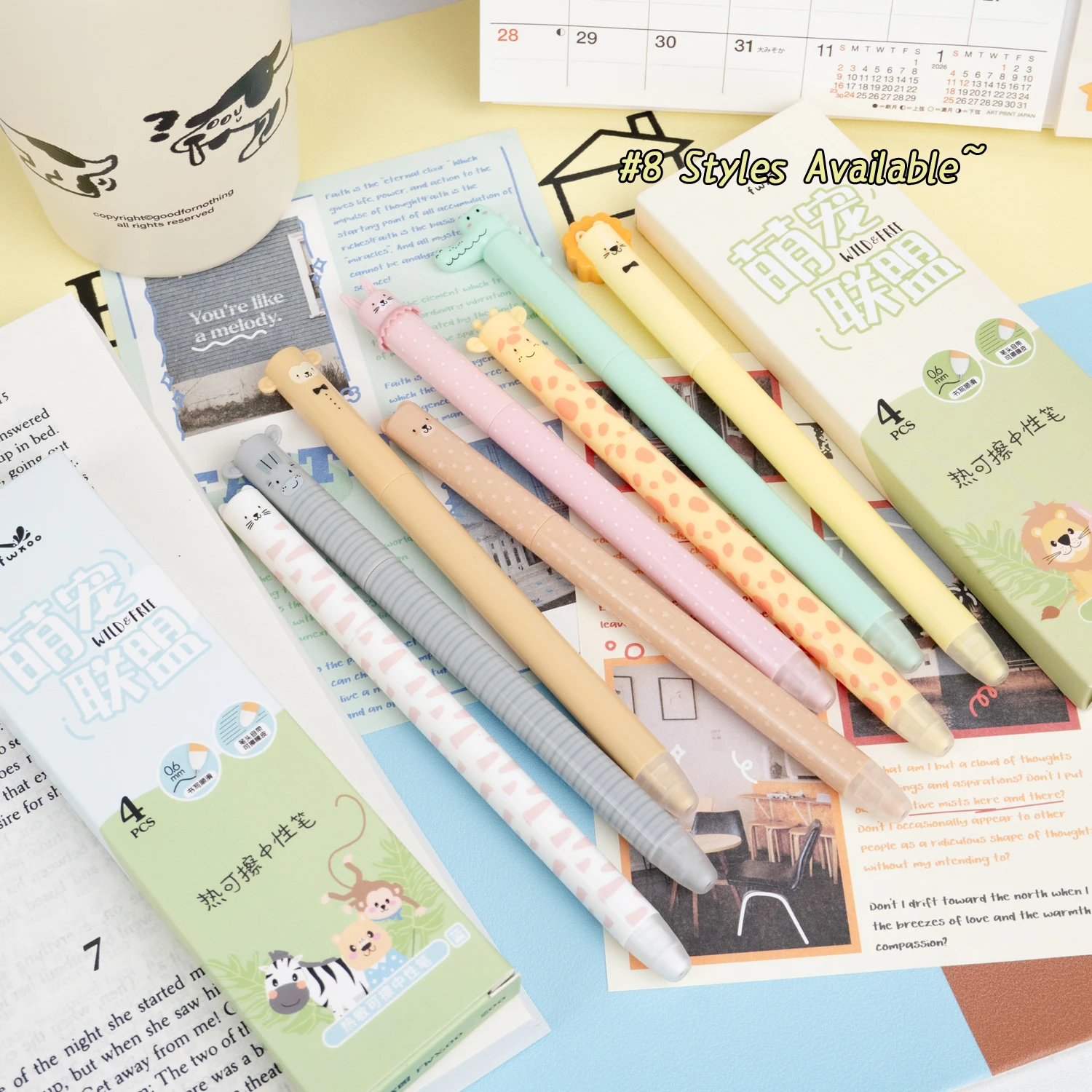 4 Pcs/Box Cute Cartoon Animal Erasable Pens 0.5mm Blue Ink Rotating Gel Pens for Kids School Student Writing Stationery