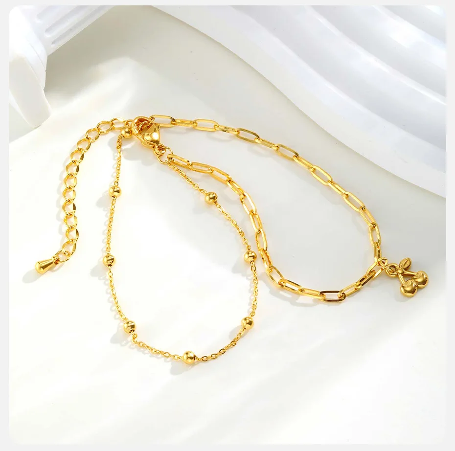 Vnox Goldfarbener Charm, 2 Stück, geschichtete Kirscharmbänder für Frauen, vergoldete Edelstahlkette, Strandhandschmuck, Geschenk – Detail 6
