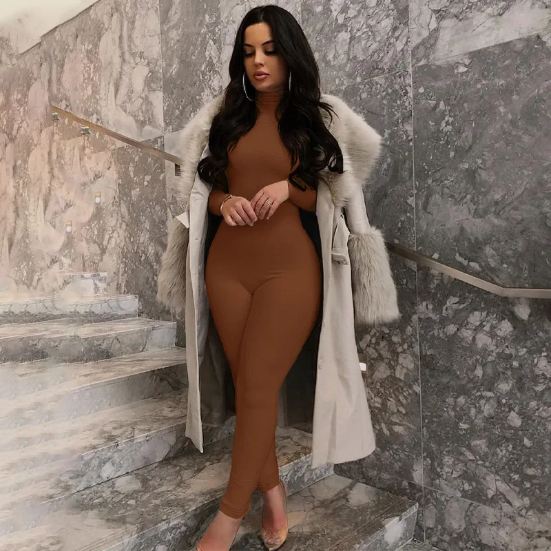 Autumn and Winter Long Sleeved Tight Jumpsuit for Women Sport Solid Color High Collar Slim Fitting Women's Clothing Street Style