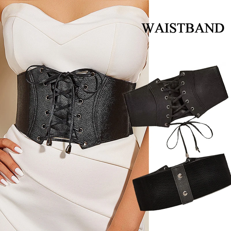 

Retro Lace-up Wide Cummerbund Women Dress Skirt Coat Decorative Girdle Black PU Leather Slimming Corset Belts New Waist Strap