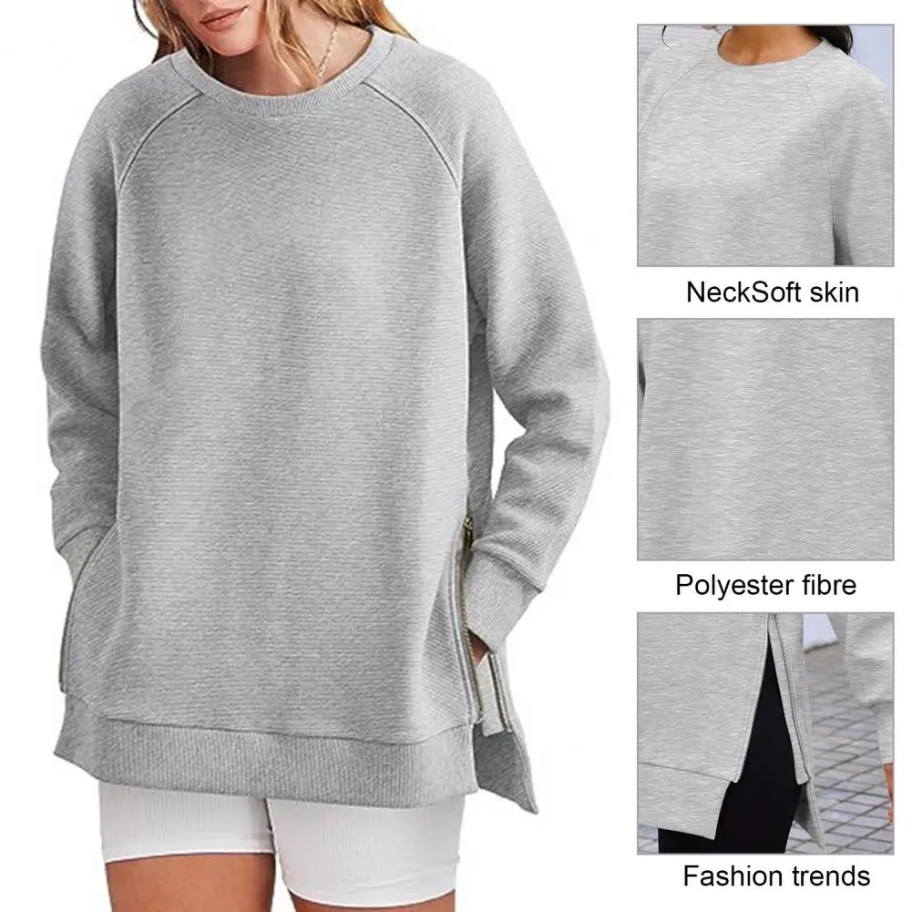 

Warm Women Sweatshirt Stylish Women's Loose Fit Sweatshirt Soft Round Neck Pullover with Side Zipper Hem for Fall Spring Casual