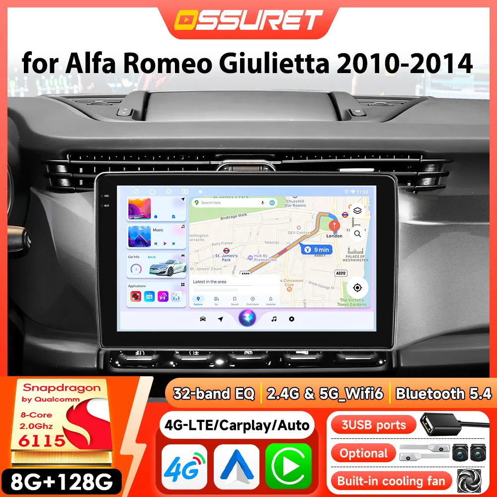 OSSURET Android Auto Multimedia Player Stereo für Alfa Romeo Giulietta 2010-2014 Android Auto Wireless Carplay DSP 6115 GPS Navi