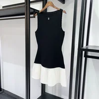 2026 Spring Women Contrast Color Pleated Hem Dress Sleeveless Slim Fit Female Black Slash Neck Tank Robes
