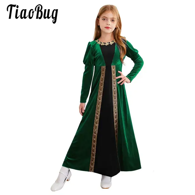 Robe de princesse médiévale en velours pour filles, manches longues, robe rétro Renaissance, robe longue romaine de prairie, fête d'Halloween et de carnaval 1