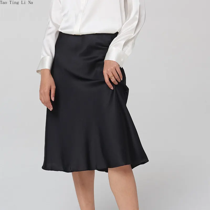 Women Summer Pear Shape Body Skirt Slim Fit Solid Real Silk A-line Skirt O10