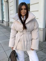 Solid Lapel Lace Up Cotton Coat Women Fashion Long Sleeve Warm Loose Pocket Short Coats Lady New Winter Commute Street Outwears 6