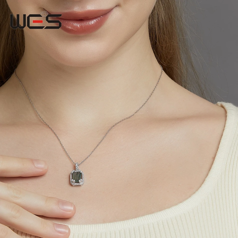 WES 925 Sterling Silver Geometric Natural 6*8mm Moss Agate Open Rings for Women Rhodium Plated Luxury Certified Jewelry Gifts