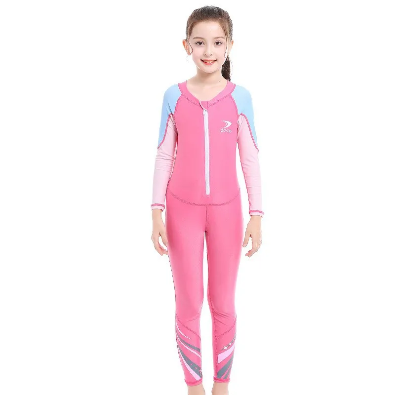 One Pieces Swimsuit Rash Guard Swimwear Long Sleeve Sunsuit for Kids 4-14Y Sun UV Protection