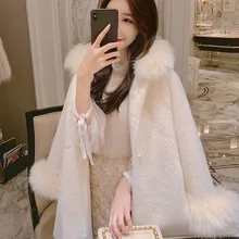 

2022 Autumn Winter Women Elegant Imitation Mink Fur Coats Ladies Fur Collar Thick Woolen Coat Cardigan Mid-length Fur Trim Cape