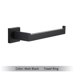 Matte Black Stainless Steel Bathroom Hardware Accessory Set with Shelf, Hook, Towel Rail, and Tissue Holder (Towel Ring)