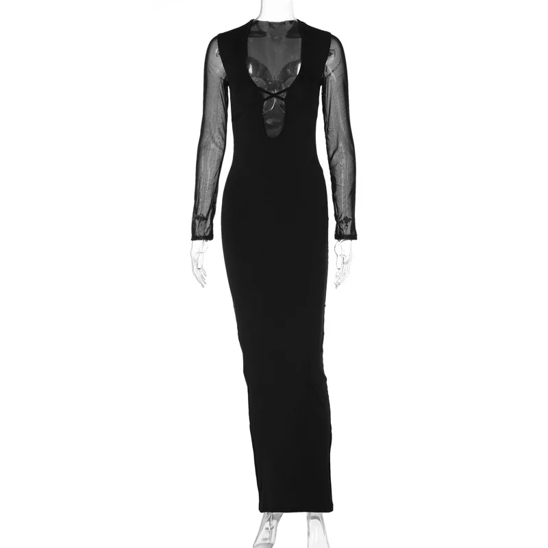 Vestido largo de malla con encaje y aberturas - Elegante vestido de fiesta con escote en V y banda elástica