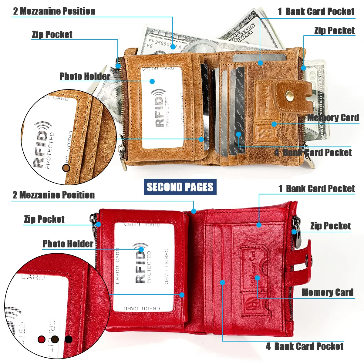 Men's genuine leather small wallet rfid zipper card holder wallet women's retro multifunctional short wallet Money clip