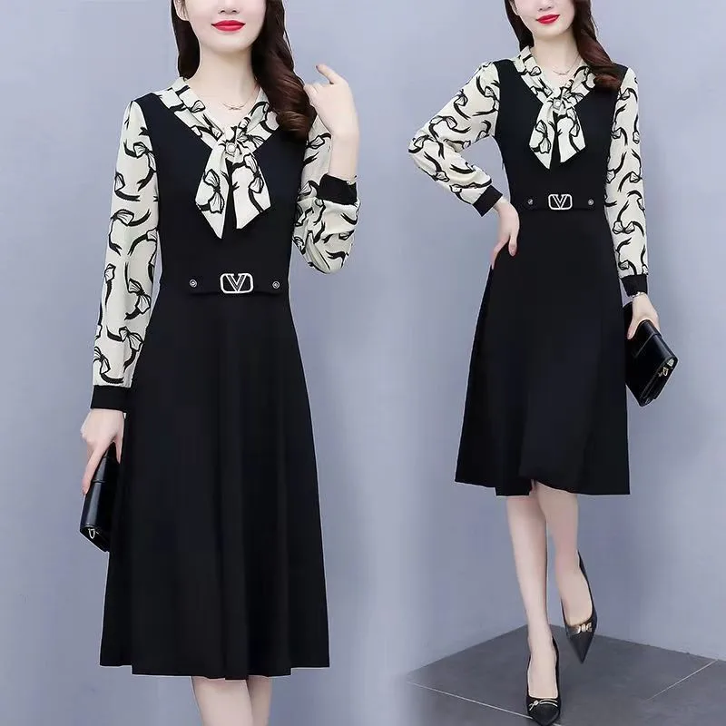 

French Lightly Cooked Ladies Black Autumn Dresses Bow Collar Long sleeve Agaric Mid-calf Lattice Patchwork Grace
