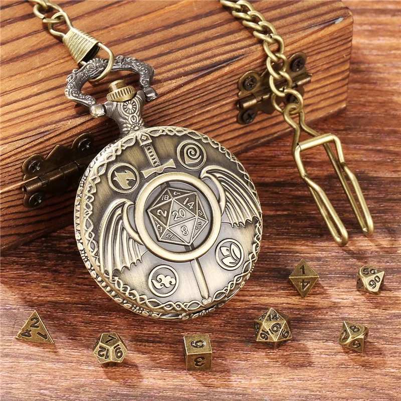 Antique Fighter Sword with Wings Pocket Watch Case Pendant Chain 7pcs Metal Polyhedral Dice Set for Role Play Gaming