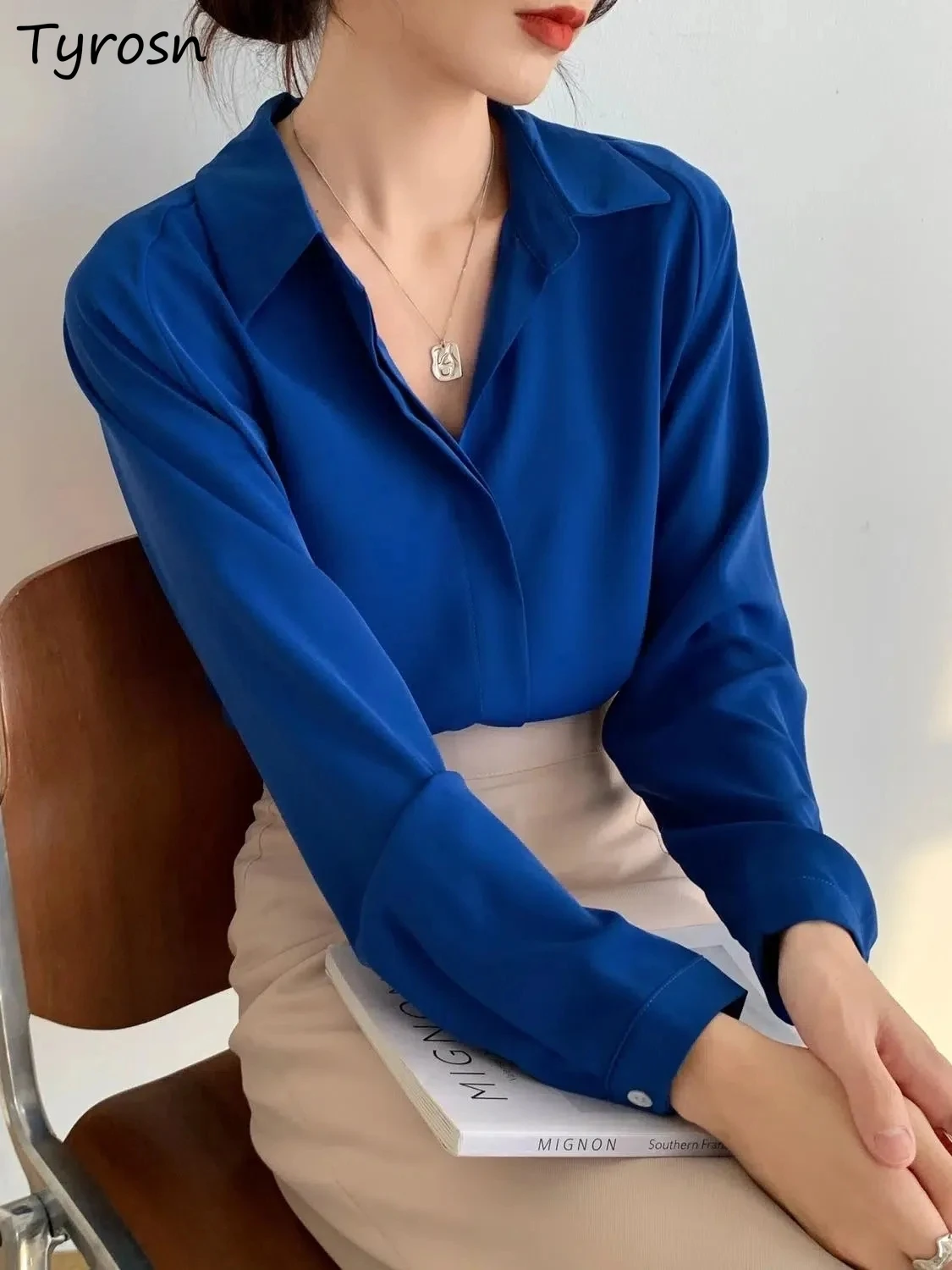 

Shirts Women Loose Lapel Elegant Solid Leisure Camisas French Style Temperament Design Chic Aesthetic Tops Long-sleeve Feminino
