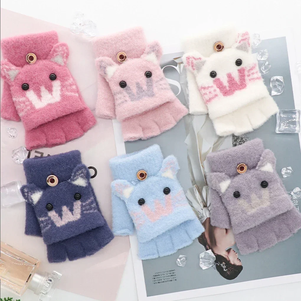 Knitted Gloves Cute Kids Gloves Winter Warm Faux Fur Knit Boy Girl Cartoon Half Finger Flip Cover Outdoor 5-12years