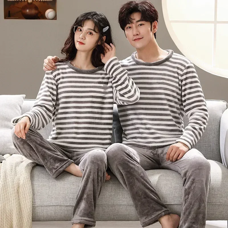 

Lovers Sleeves Sleepwear Autumn Couple Pajamas Pyjamas Set Home Suit Solid Two-piece Long Pnats Plush Comfortable Color