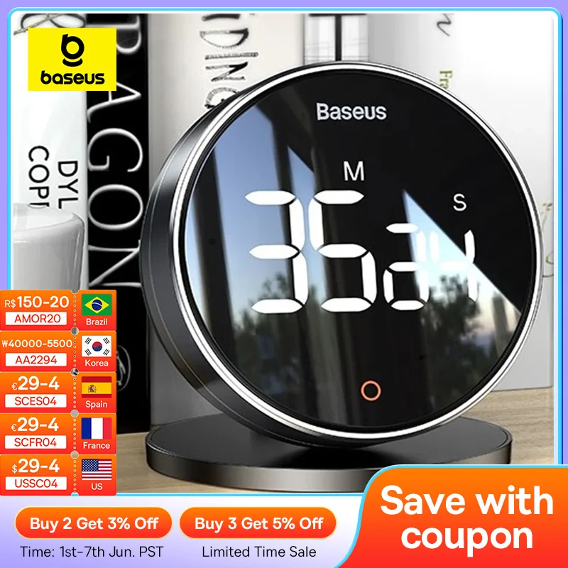 Baseus Magnetic Countdown Alarm Clock Kitchen Timer Manual Digital Timer Stand Desk Clock Cooking Timer Shower Study Stopwatch