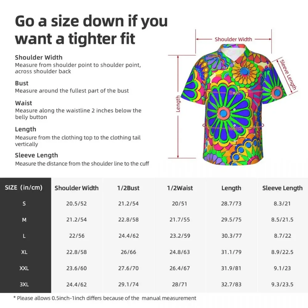 Hippie Style Vacation Shirt Man Colorful Flower Power Casual Shirts Hawaiian Short-Sleeve Classic Oversize Blouses Birthday Gift