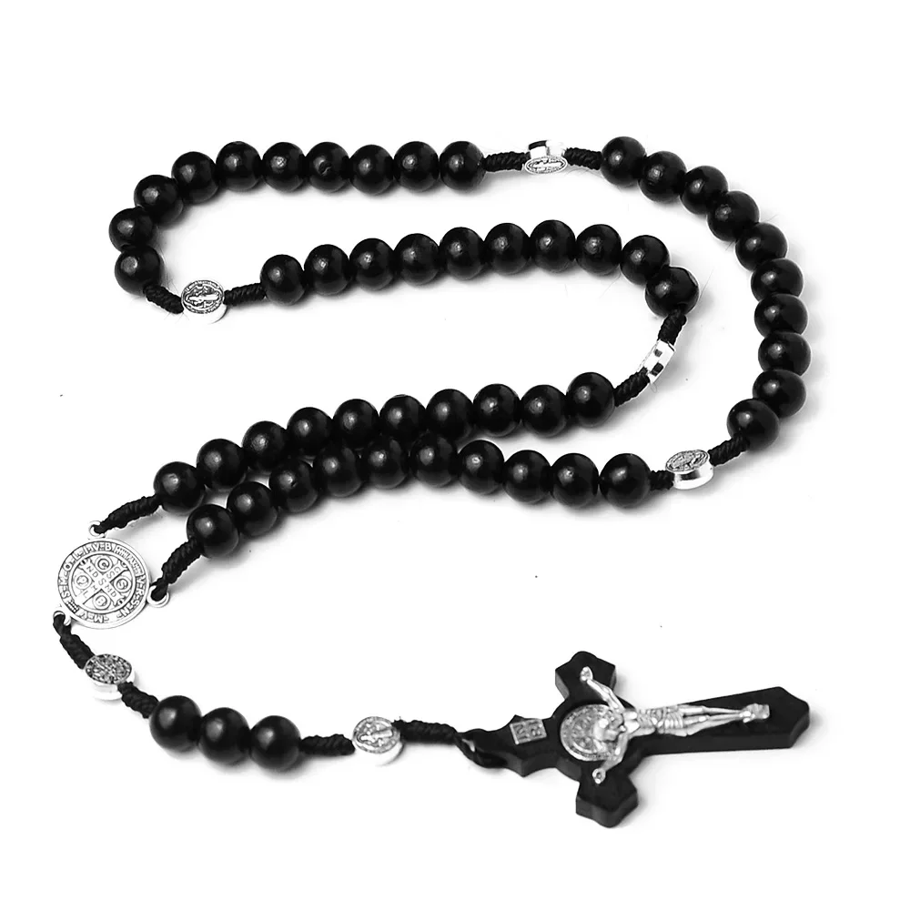 Catholic Wood Beaded Pendant Necklace For Women Men Christian INRI Crucifix Cross Long Chain Religion Prayer Jewelry