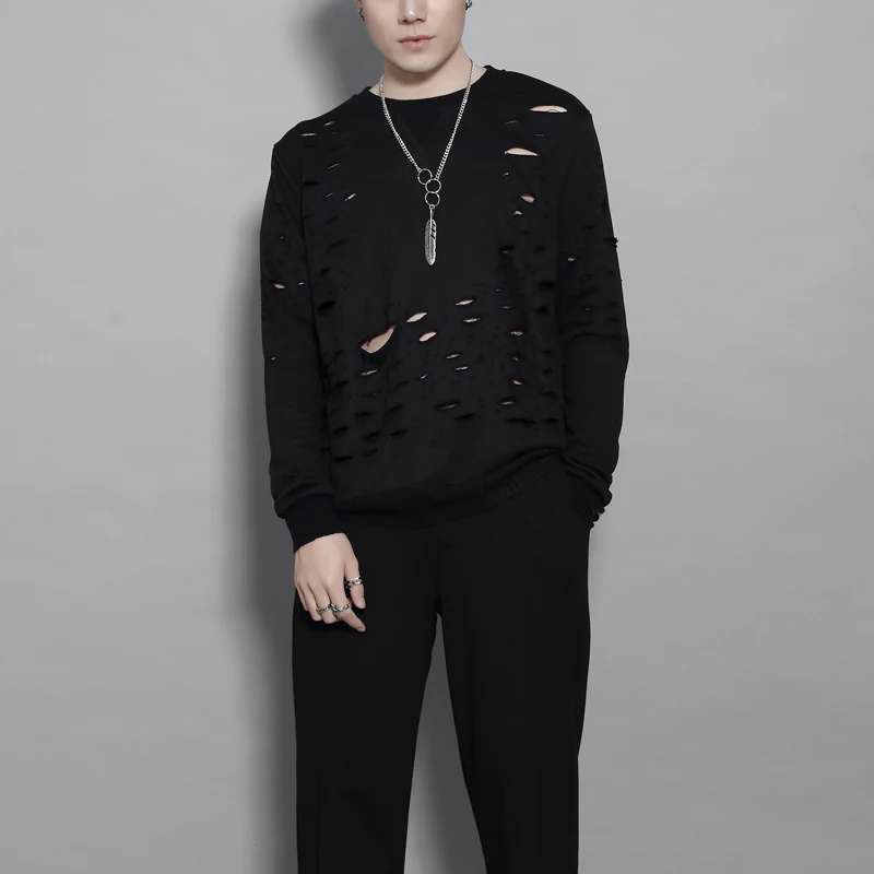 

Autumn Dark Department Personality All Vintage Do Old Holes Solid Color Long Sleeve Casual Hoodie men's Shirt
