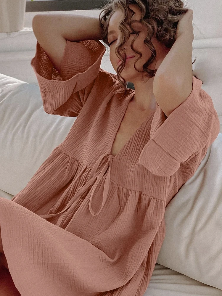 Loose Night Dress Women Cotton Peplum Half Sleeve V Neck Sleepwear Female 2023 Spring Casual Woman Dresses Solid Pajamas