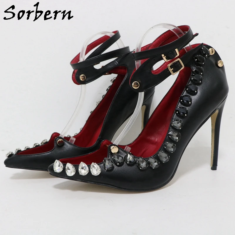 

Sorbern Black Matte Crystal Pointed Toe Pump Shoe Women Stilettos High Heel Ankle Straps Shoes Women Big Size Open Pump Upper