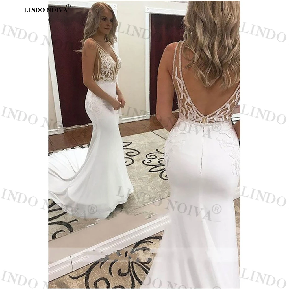 

LINDO NOIVA Vestido De Novia 2023 Boho Lace Appliques Mermaid Wedding Dresses V Neck Backless Sexy Spaghetti Straps Bridal Gowns