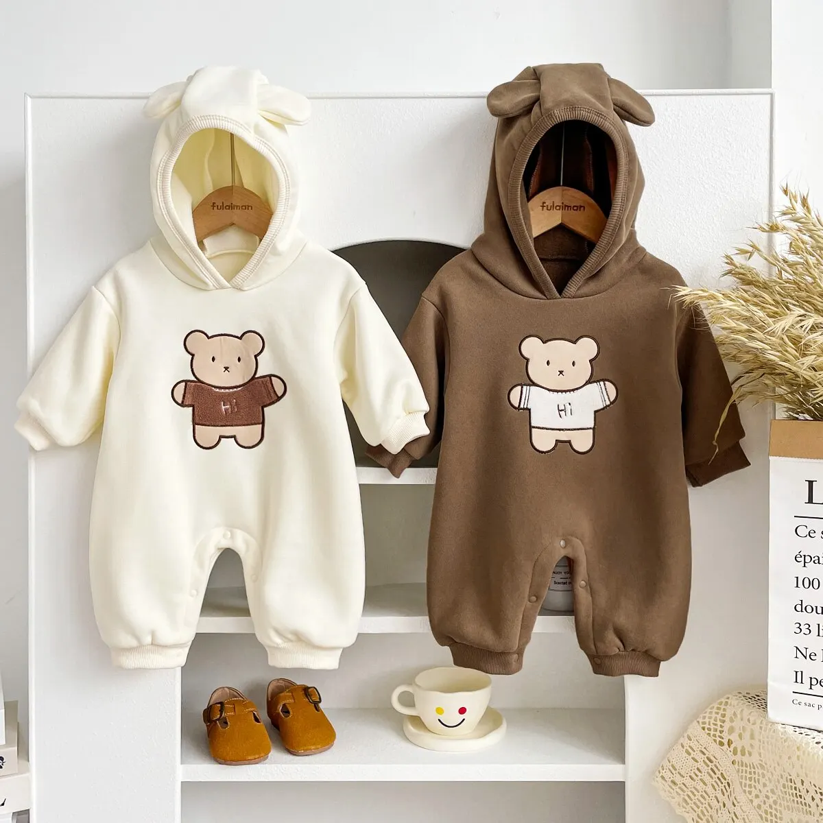 Baby Clothes Bear Hooded Jumpsuit Winter Warm Thick Long Sleeved for Boys Girls 0-24 Months Old
