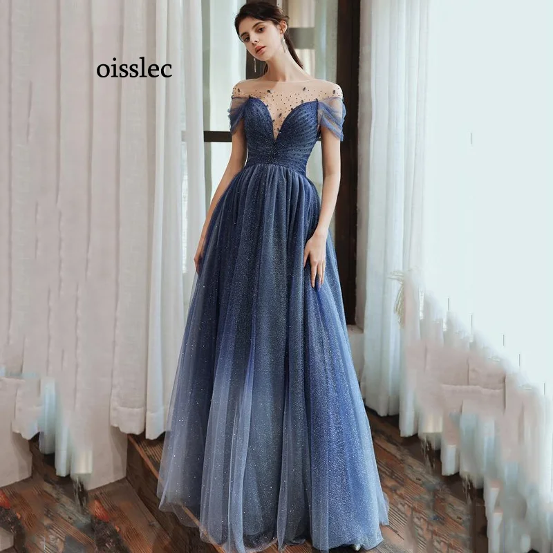 

Oisslec Evening Dress Beading Prom Dress Backless Fromal Dress A Line Celebrity Dresses Floor Length Party Dress Tulle Customize