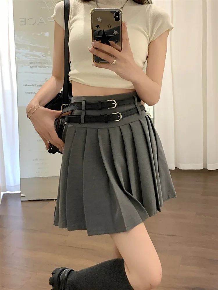 

GUUZYUVIZ Grey Double Belt Pleated Skirt For Women Summer Korean Style Harajuk High Waist A-line Mini Skirts