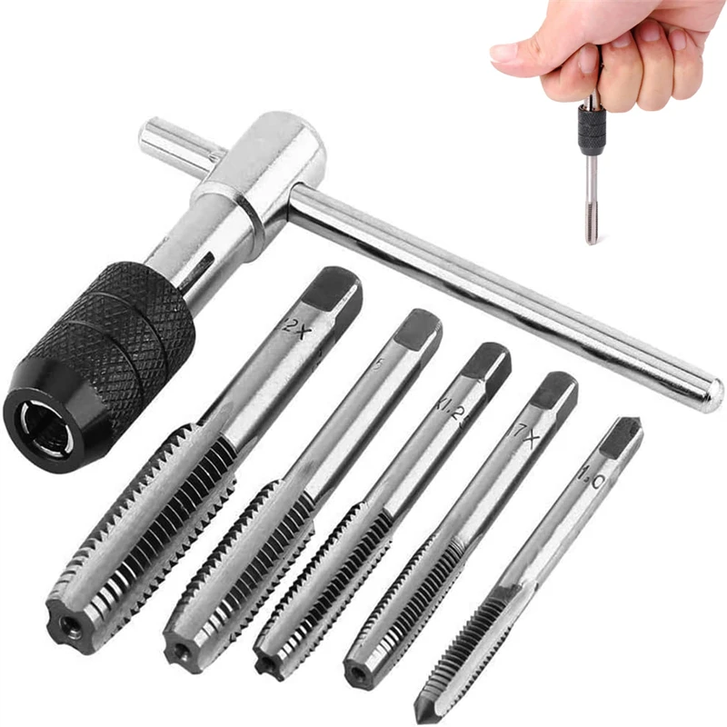 6피스 탭 렌치 공구 세트, 조절 가능한 T-핸들 탭 홀더 렌치, 기계 나사산 메..