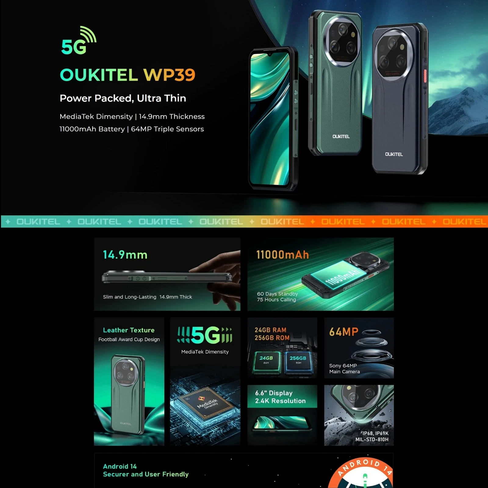 Oukitel WP39 5G Rugged Phone 6GB 256GB Night Vision Side Fingerprint ID 6.6 inch MTK Dimensity 6100+ Octa Core OTG Network 5G 3