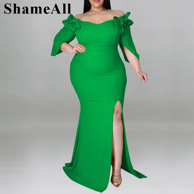 

Plus Size Off Shoulder Floral Half Sleeve Bodycon Party Dress 4XL Fall Elegant Women Evening Club Split Long Maxi Mermaid Dress