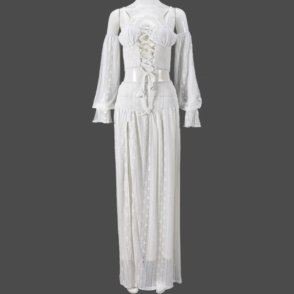 Conjunto de dos piezas de verano y otoño con hombros descubiertos, top con cordones y falda larga elegante para mujer, conjunto de ropa de calle alta, traje de playa informal