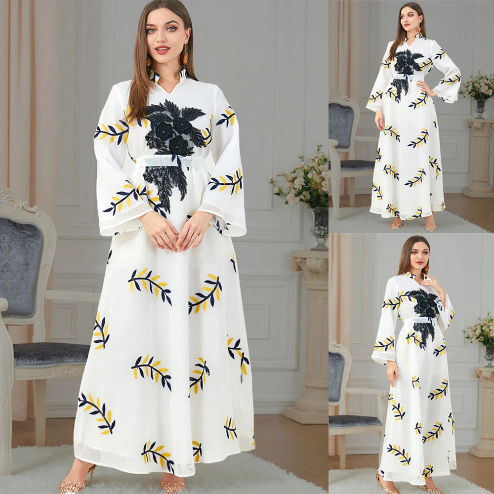 

Elegant Women Long Dress Embroidery Evening Party Gown Islamic Moroccan Jalabiya Kaftan Turkey Autumn Dubai Abaya Arab Ramadan