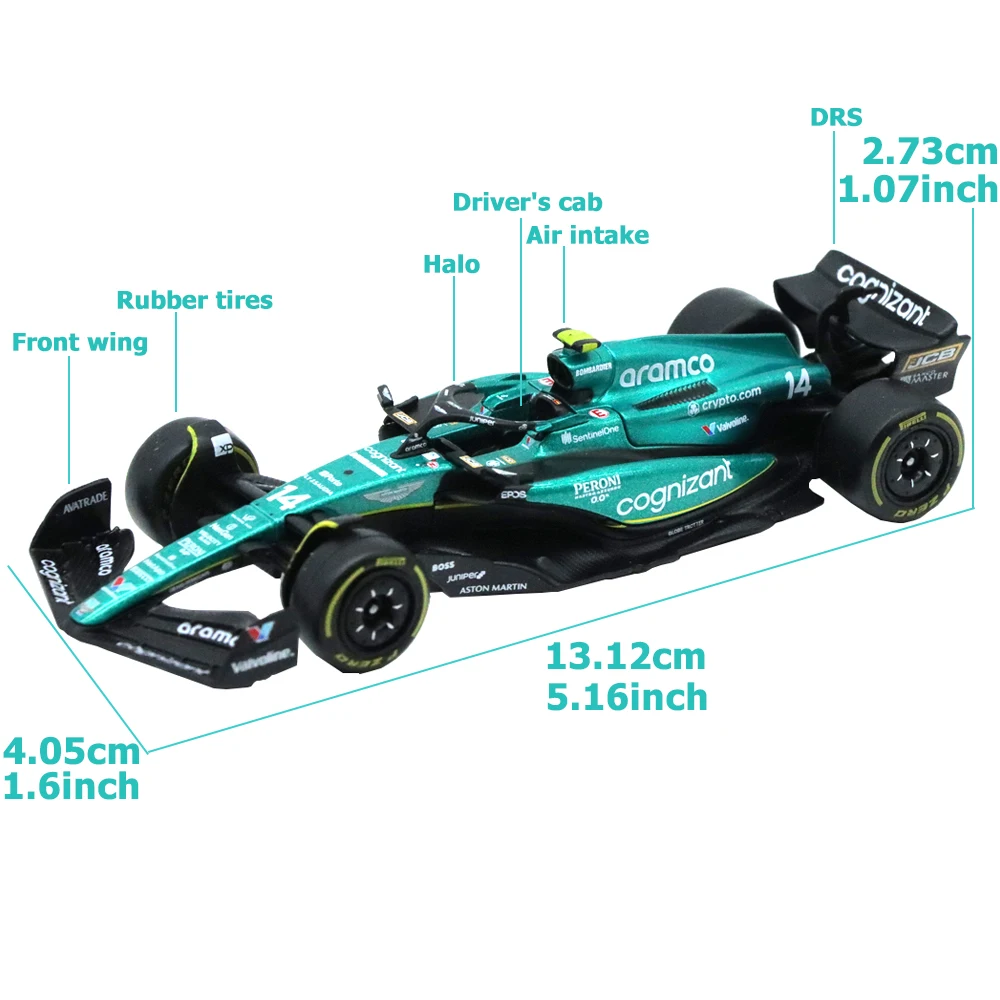 1/43 Bburago 2023 Aston Martin Aramco Team Diecast Race Car with Rubber Tires