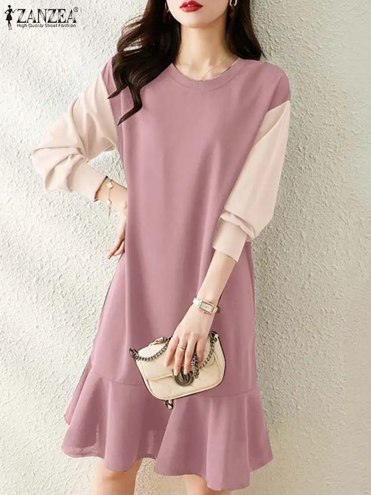 

Платье ZANZEA женское до колен, повседневное элегантное платье с открытыми плечами, длинным рукавом и юбкой годе, с цветными блоками, с оборками на подоле, осень 2023